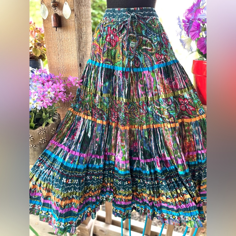 TravelSmith Gypsy Peasant Colorful Cotton Full Drawstring Waist Midi Skirt MP